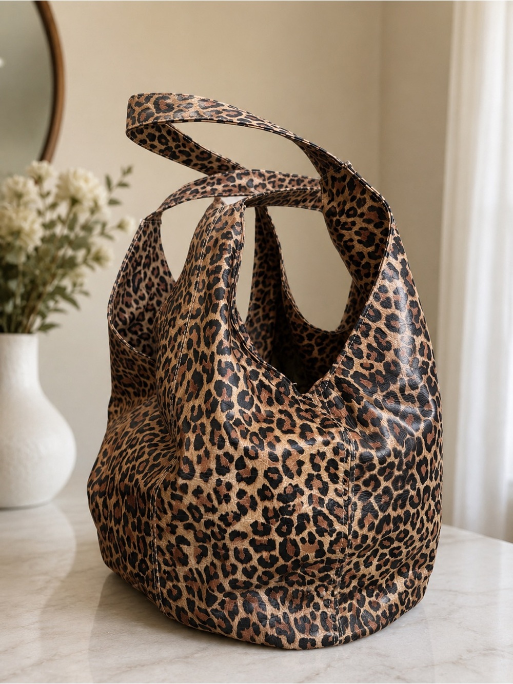 Leather Leopard Print Hobo Bag - Brown Leopard Shoulder Tote - Picture 3 of 5
